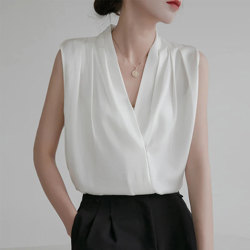 Women’s Sleeveless Blouse with V-Neck and Draped Front