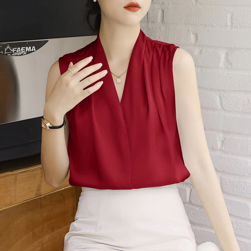 Women’s Sleeveless Blouse with V-Neck and Draped Front