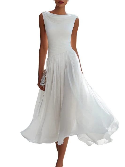 Women’s Sleeveless Draped Neck Midi Dress with A-Line Skirt