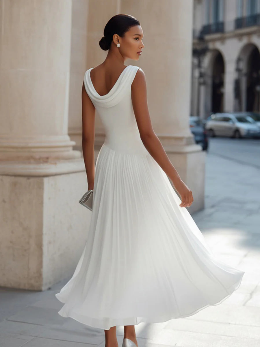 Women’s Sleeveless Draped Neck Midi Dress with A-Line Skirt