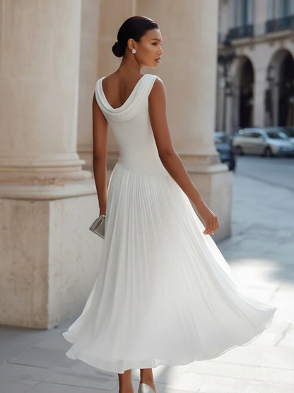 Women’s Sleeveless Draped Neck Midi Dress with A-Line Skirt
