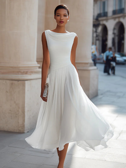 Women’s Sleeveless Draped Neck Midi Dress with A-Line Skirt