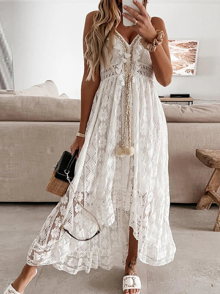 Women’s Sleeveless Lace Maxi Dress with Spaghetti Straps