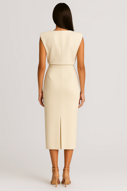 Women’s Sleeveless Midi Dress with Front Slit and Side Button Closure