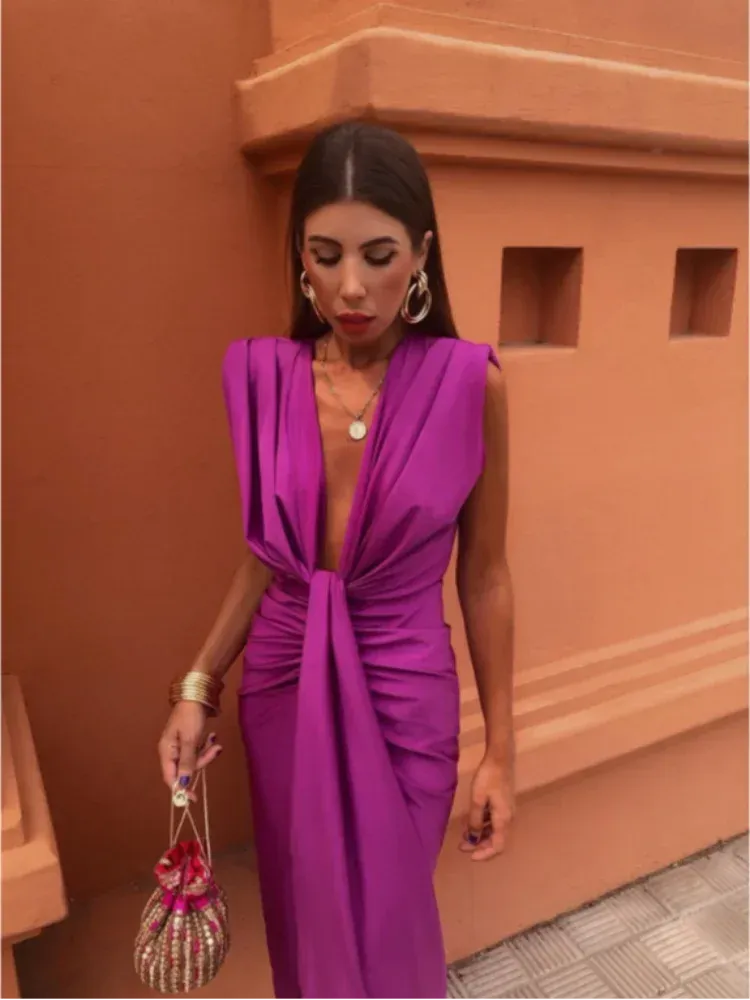 Women’s Sleeveless Midi Dress with Plunge V-Neck and Front Draping