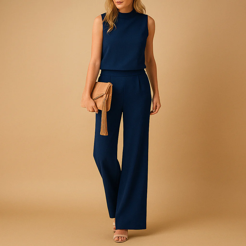 Women’s Sleeveless Round Neck Jumpsuit with Wide Leg Pants