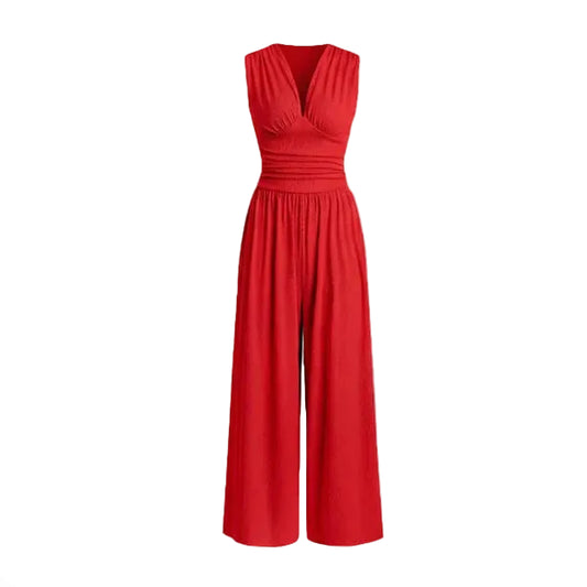 Women’s Sleeveless V-Neck Wide Leg Jumpsuit with Elastic Waist