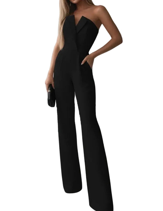Women’s Sleeveless V-Neck Wide Leg Jumpsuit with Waist Tie