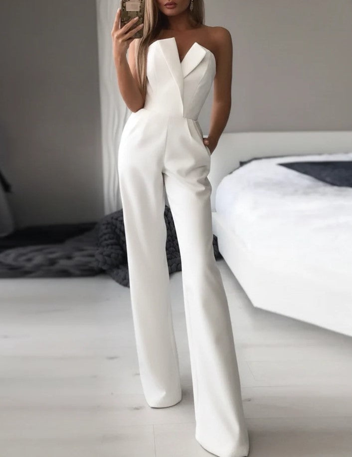 Women’s Sleeveless V-Neck Wide Leg Jumpsuit with Waist Tie