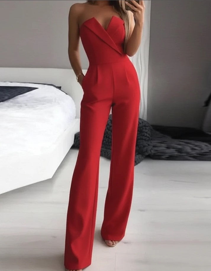 Women’s Sleeveless V-Neck Wide Leg Jumpsuit with Waist Tie