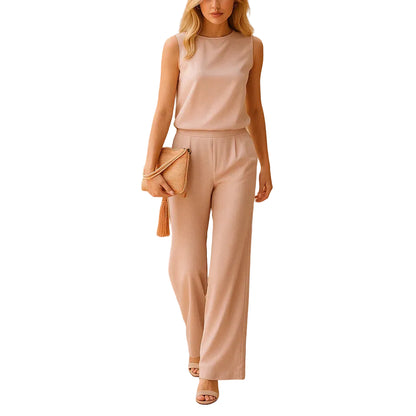 Women’s Sleeveless Wide Leg Jumpsuit with Round Neck