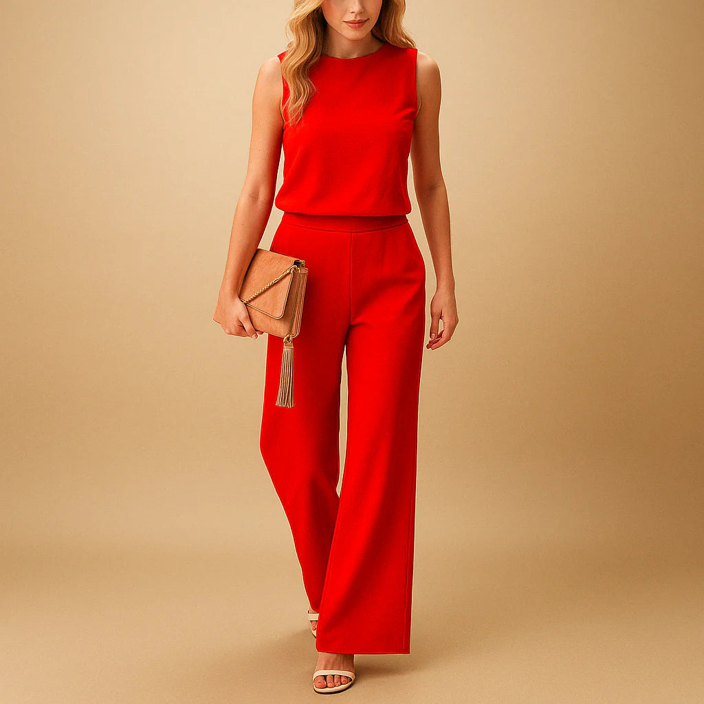 Women’s Sleeveless Wide Leg Jumpsuit with Round Neck