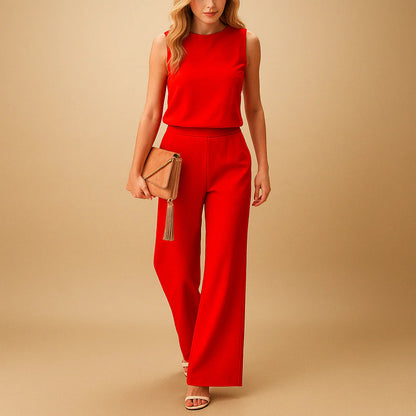 Women’s Sleeveless Wide Leg Jumpsuit with Round Neck