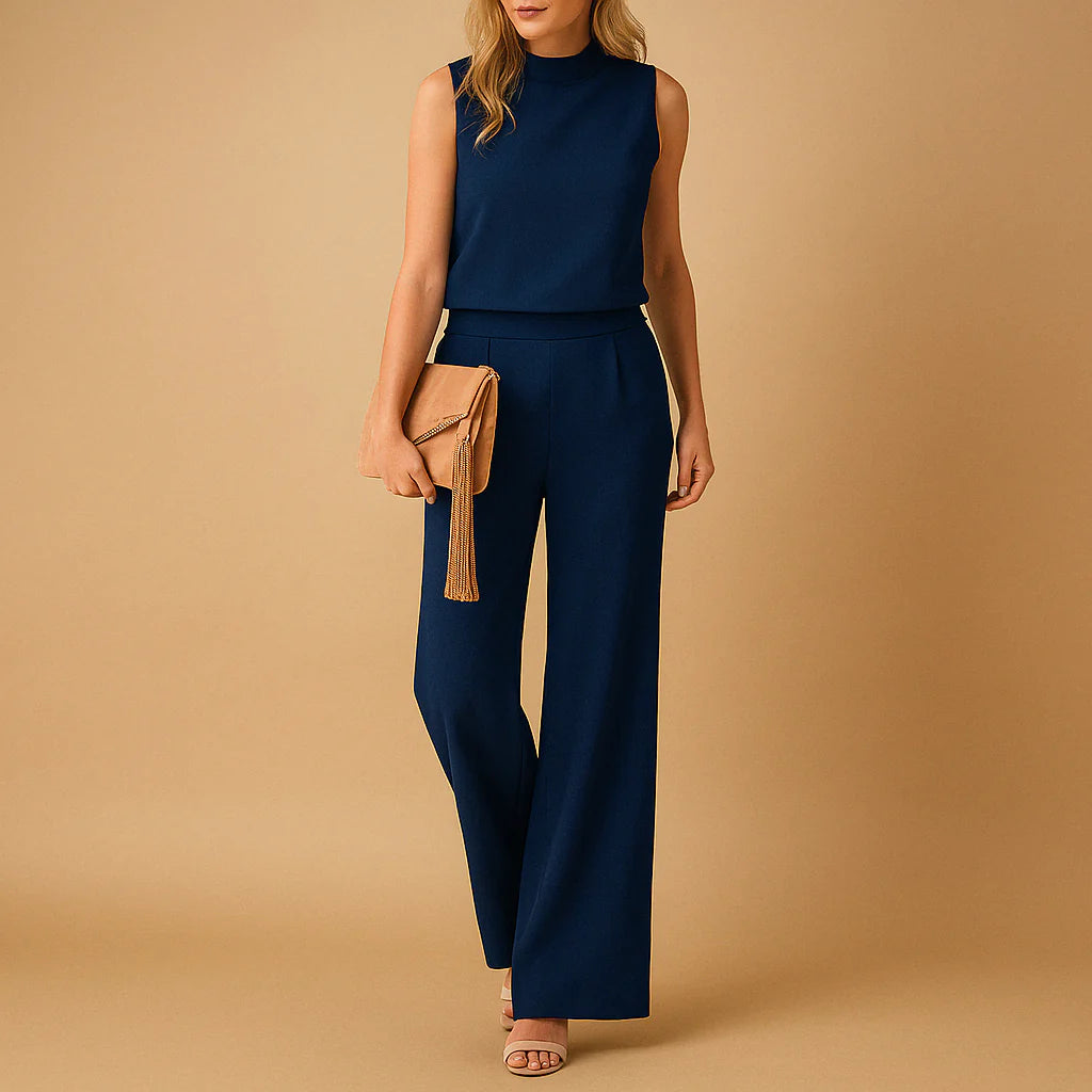 Women’s Sleeveless Wide Leg Jumpsuit with Round Neck