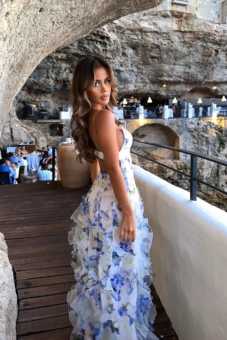 Women’s Spaghetti Strap Maxi Dress with Floral Print and Ruffle Skirt