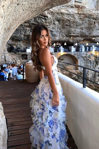 Women’s Spaghetti Strap Maxi Dress with Floral Print and Ruffle Skirt