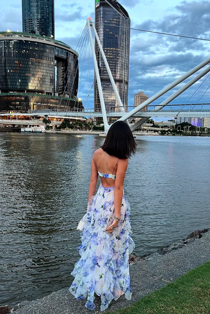 Women’s Spaghetti Strap Maxi Dress with Floral Print and Ruffle Skirt
