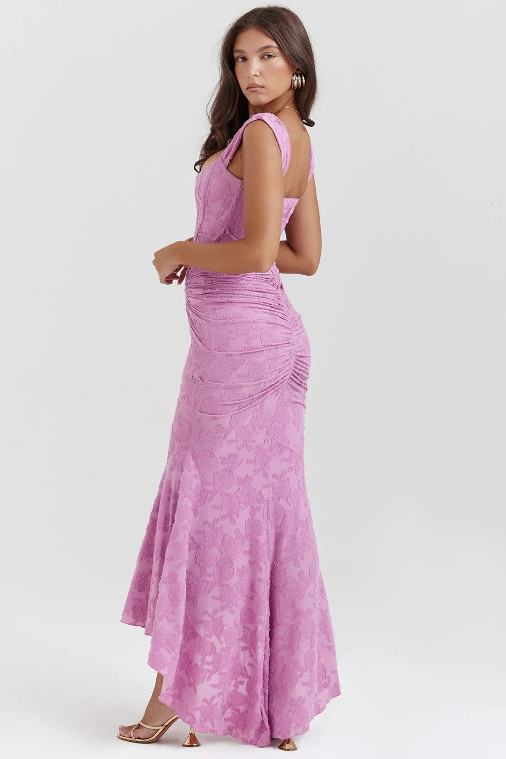 Women’s Square Neck Lace Maxi Dress with Ruched Waist