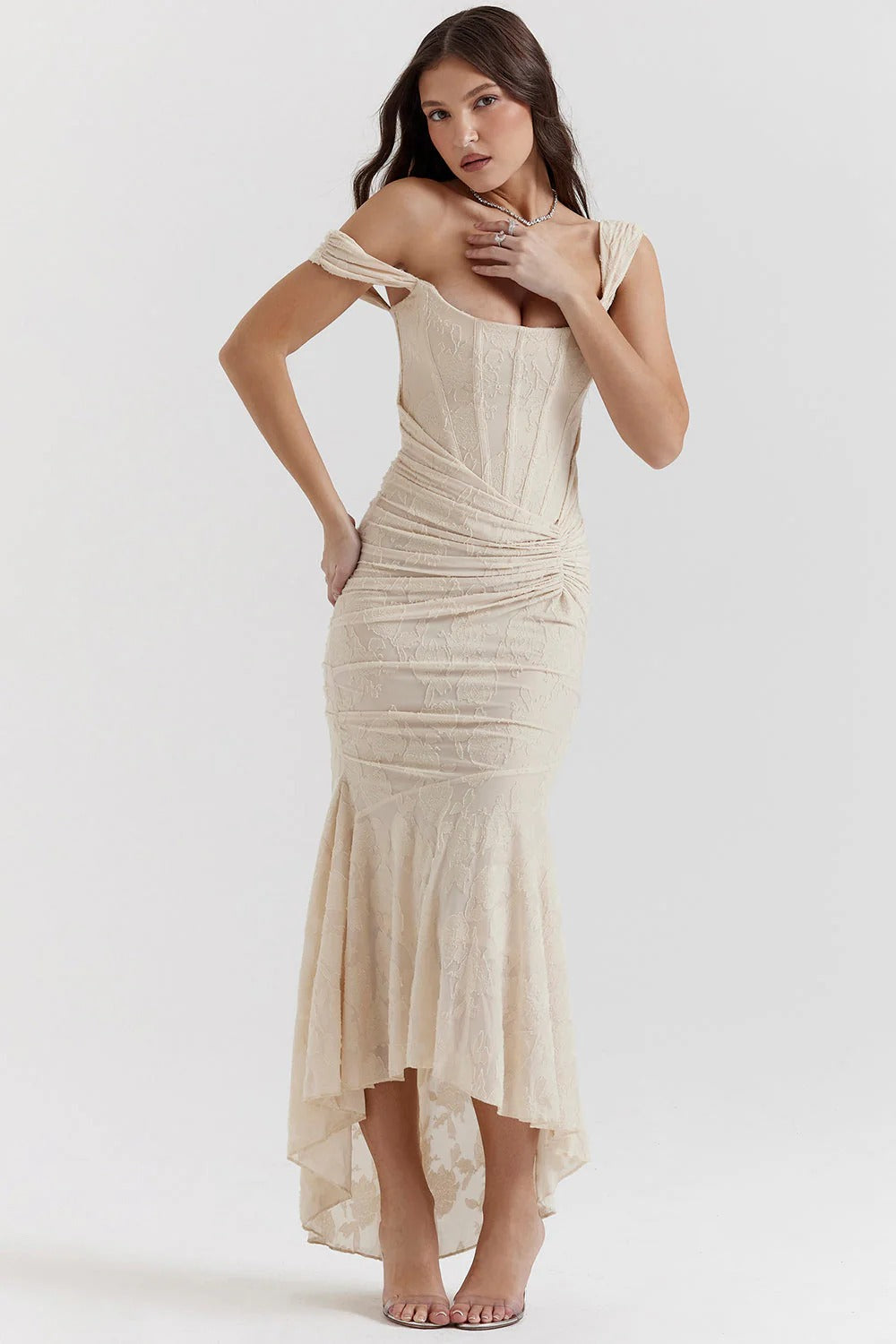 Women’s Square Neck Lace Maxi Dress with Ruched Waist