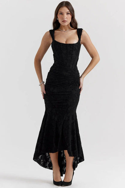 Women’s Square Neck Lace Maxi Dress with Ruched Waist