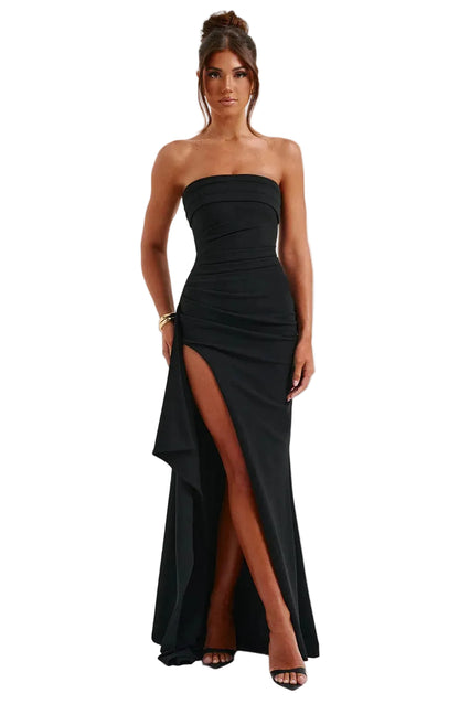 Women’s Strapless Maxi Dress with Ruched Panels and Side Slit
