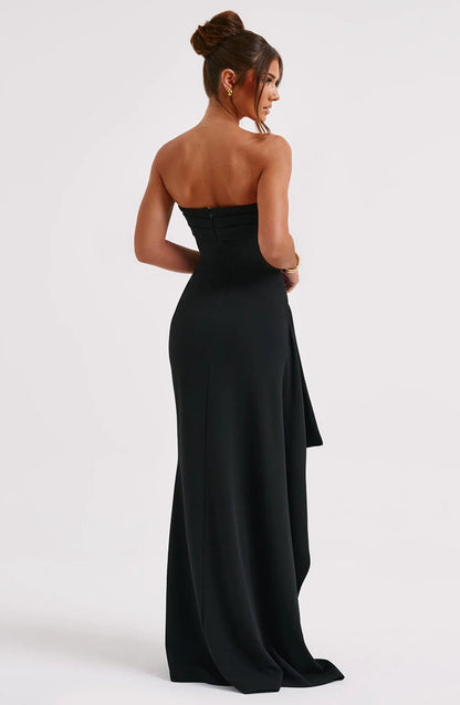 Women’s Strapless Maxi Dress with Ruched Panels and Side Slit