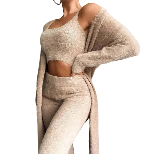 Women’s Three-Piece Set with Scoop Neck Tank Top Cardigan and Elastic Waist Pants