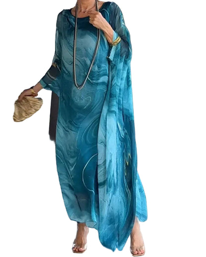 Women’s Three-Quarter Sleeve Maxi Dress with Boat-Neck and Marble Print