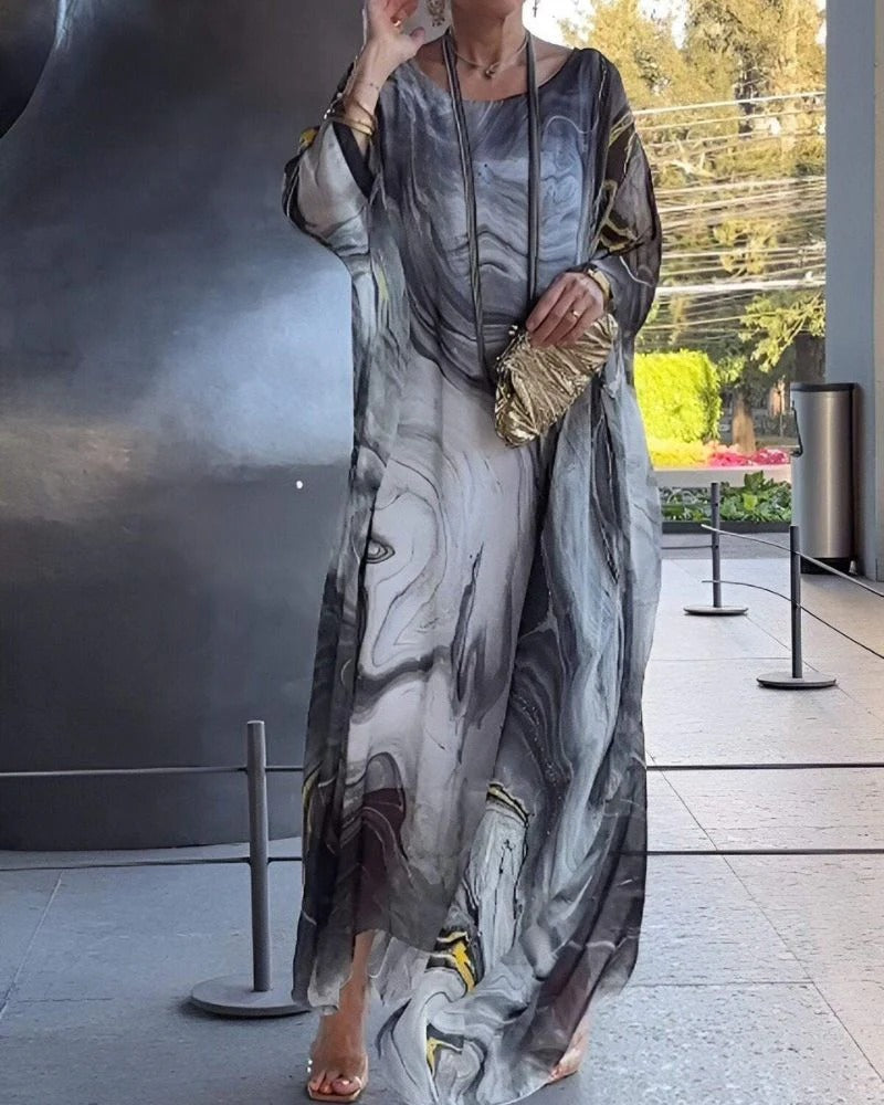 Women’s Three-Quarter Sleeve Maxi Dress with Boat-Neck and Marble Print