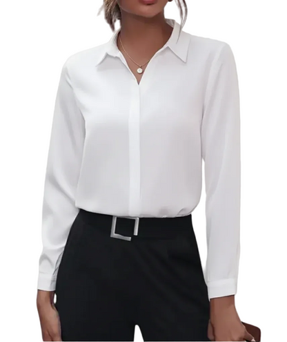 Women’s Turn-Down Collar Blouse with Long Sleeves and Button Placket