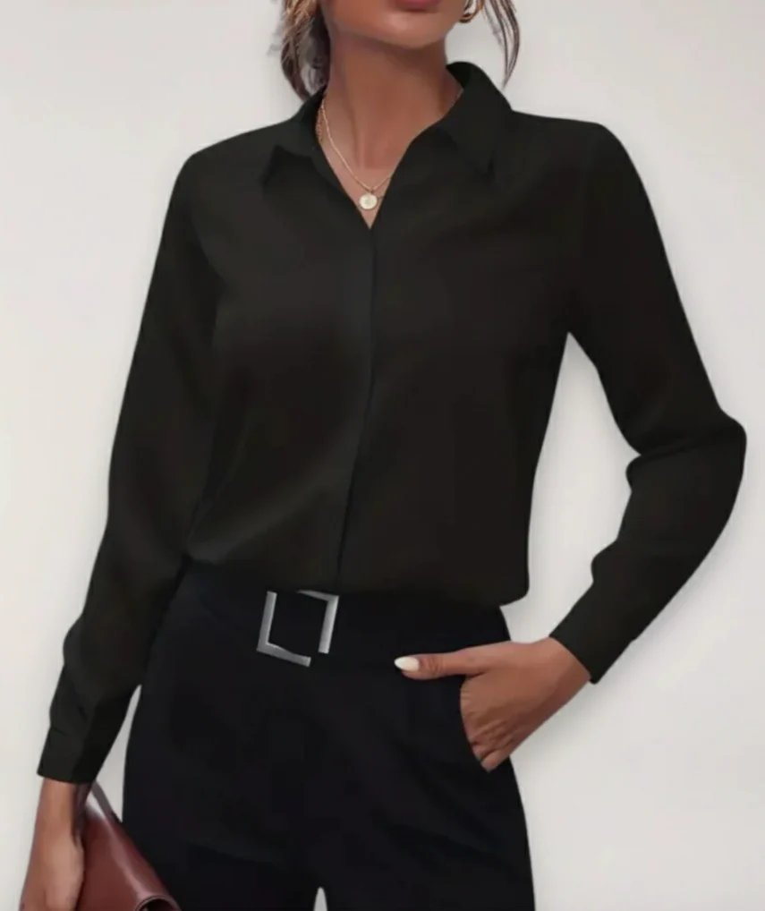 Women’s Turn-Down Collar Blouse with Long Sleeves and Button Placket