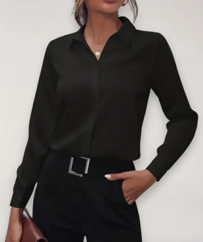 Women’s Turn-Down Collar Blouse with Long Sleeves and Button Placket