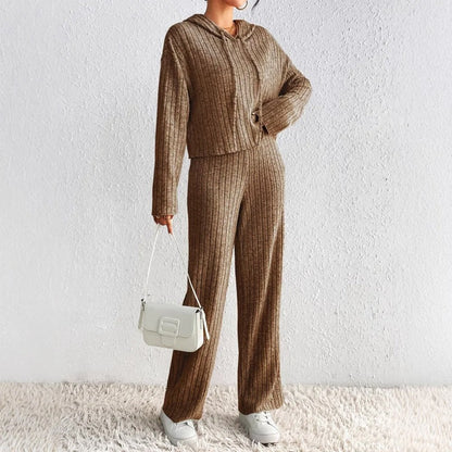 Women’s Two-Piece Set with Drawstring Hood Top and Full-Length Pants