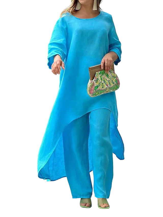Women’s Two-Piece Set with Round Neck Longline Top and Straight Leg Pants