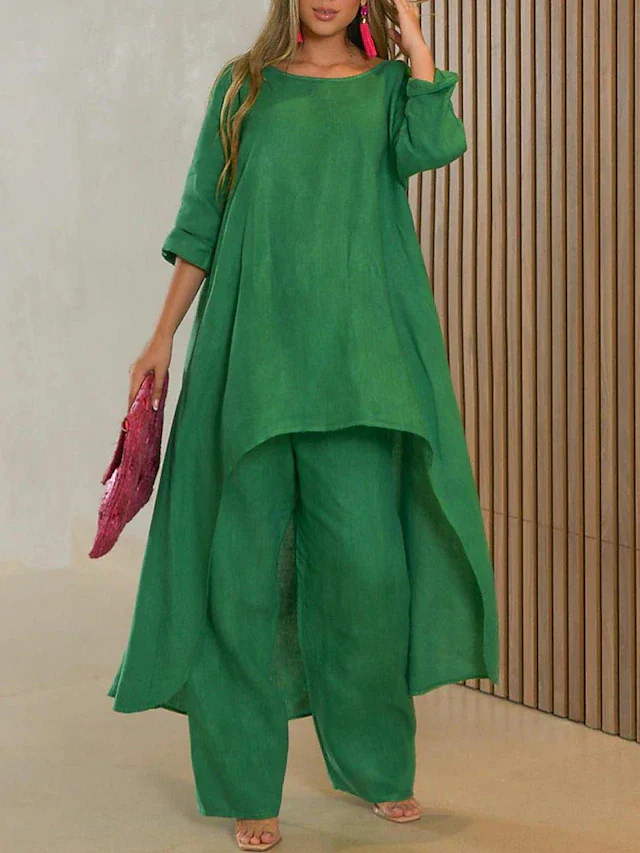 Women’s Two-Piece Set with Round Neck Longline Top and Straight Leg Pants