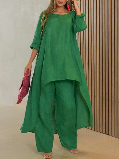 Women’s Two-Piece Set with Round Neck Longline Top and Straight Leg Pants