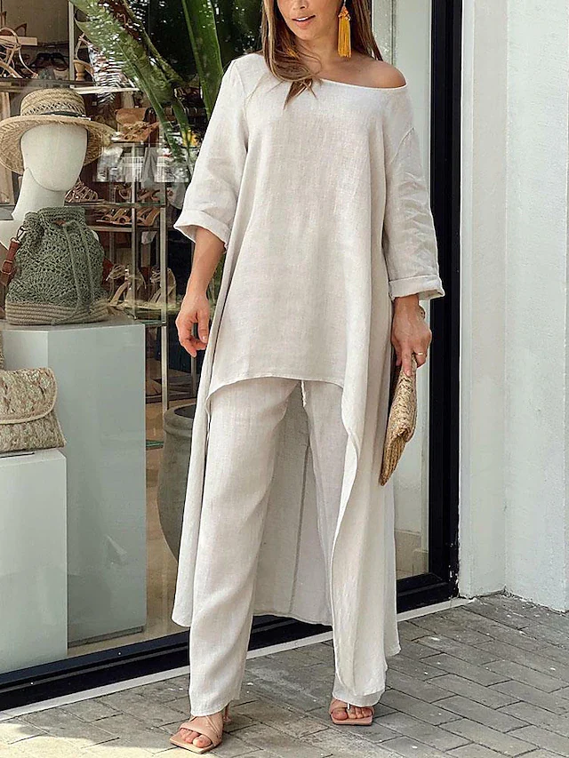 Women’s Two-Piece Set with Round Neck Longline Top and Straight Leg Pants