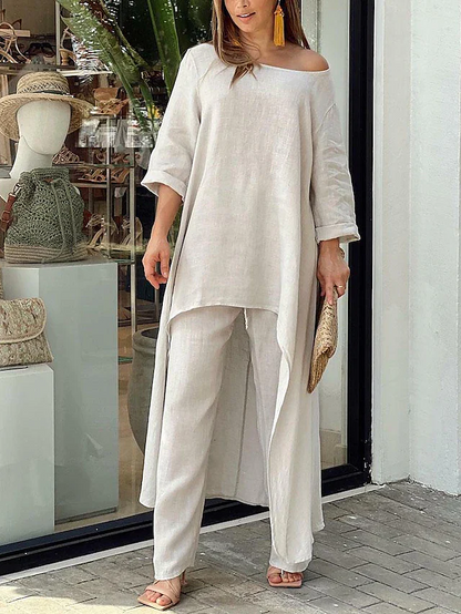 Women’s Two-Piece Set with Round Neck Longline Top and Straight Leg Pants