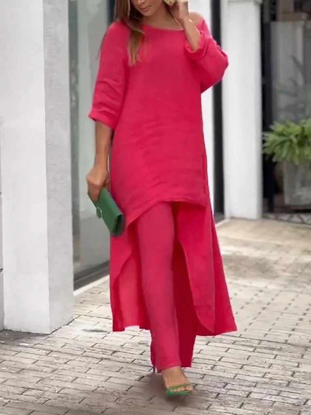 Women’s Two-Piece Set with Round Neck Longline Top and Straight Leg Pants