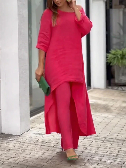Women’s Two-Piece Set with Round Neck Longline Top and Straight Leg Pants