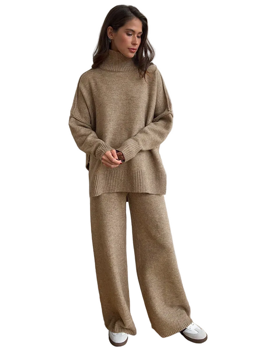 Women’s Two-Piece Set with Turtleneck Long Sleeve Top and Wide Leg Pants