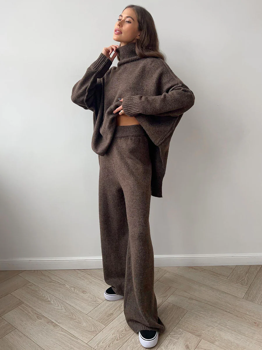 Women’s Two-Piece Set with Turtleneck Long Sleeve Top and Wide Leg Pants