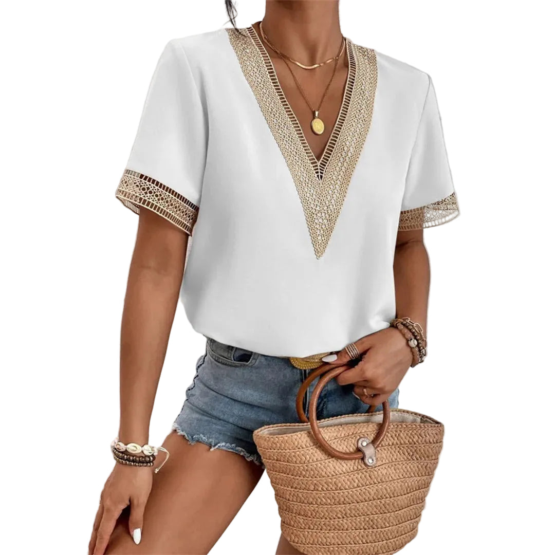 Women’s V-Neck Blouse with Short Sleeves and Crochet Detail