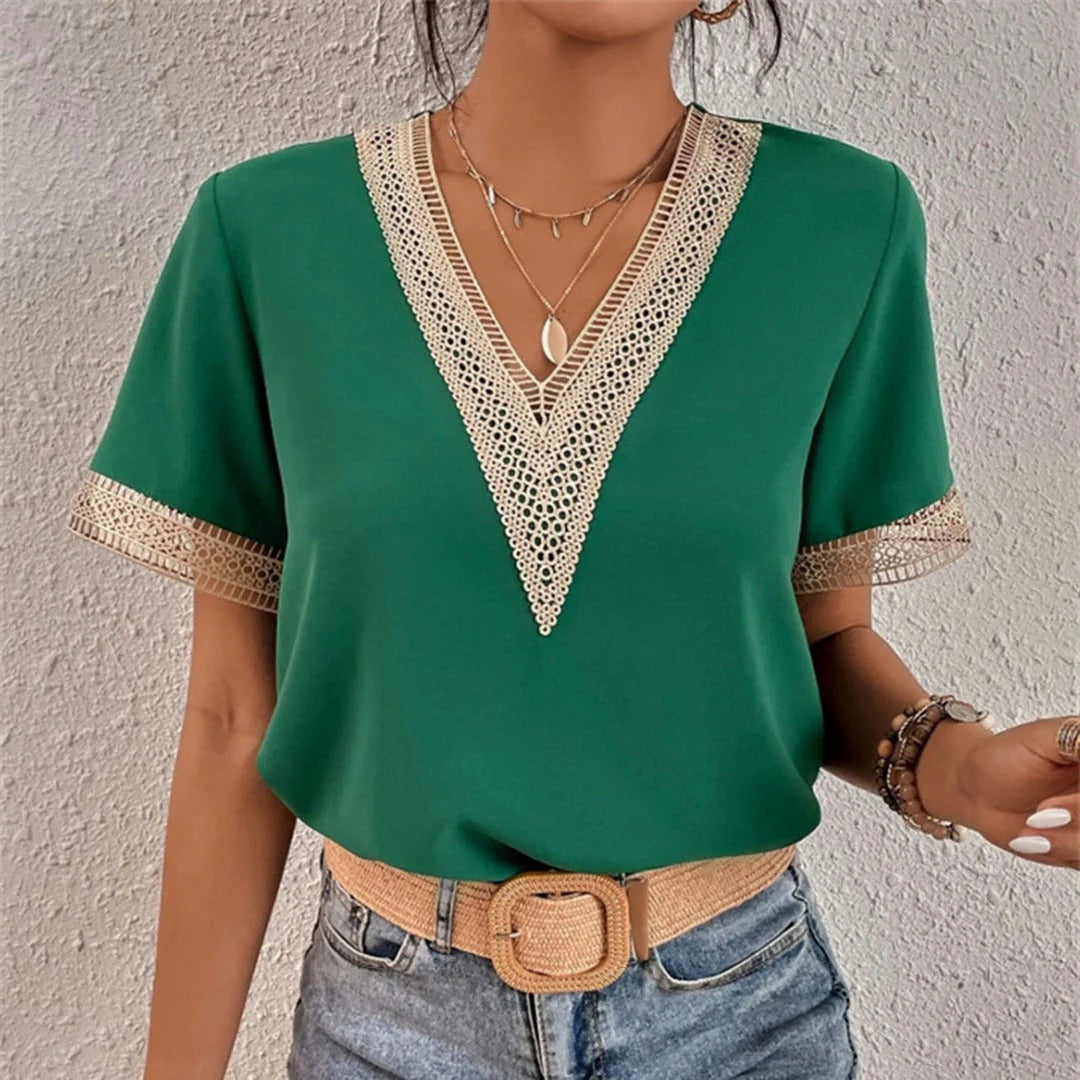 Women’s V-Neck Blouse with Short Sleeves and Crochet Detail