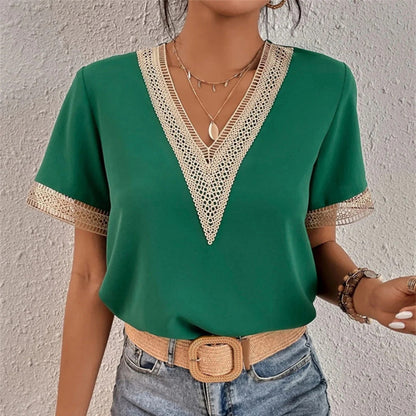Women’s V-Neck Blouse with Short Sleeves and Crochet Detail