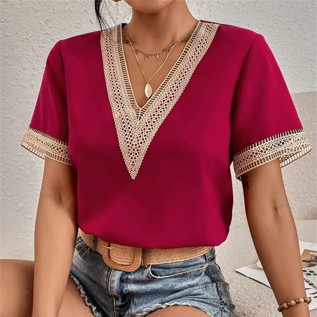 Women’s V-Neck Blouse with Short Sleeves and Crochet Detail