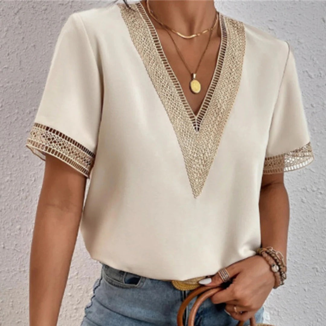Women’s V-Neck Blouse with Short Sleeves and Crochet Detail