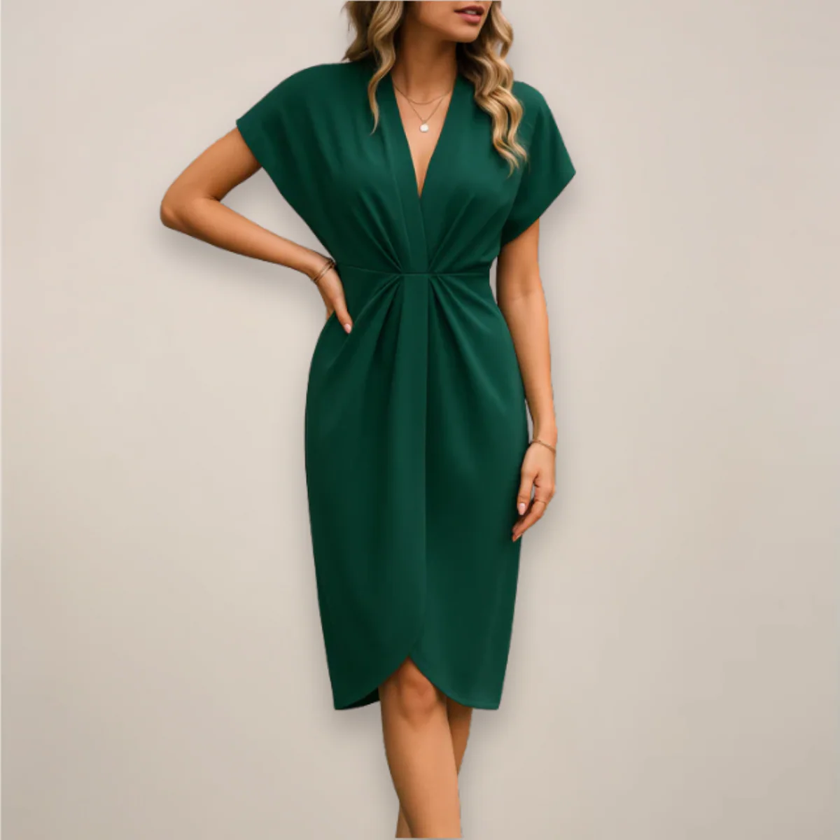 Women’s V-Neck Midi Dress with Short Sleeves and Front Slit