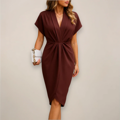 Women’s V-Neck Midi Dress with Short Sleeves and Front Slit