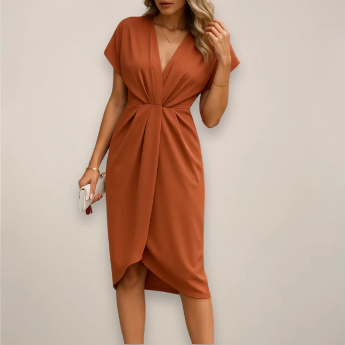 Women’s V-Neck Midi Dress with Short Sleeves and Front Twist